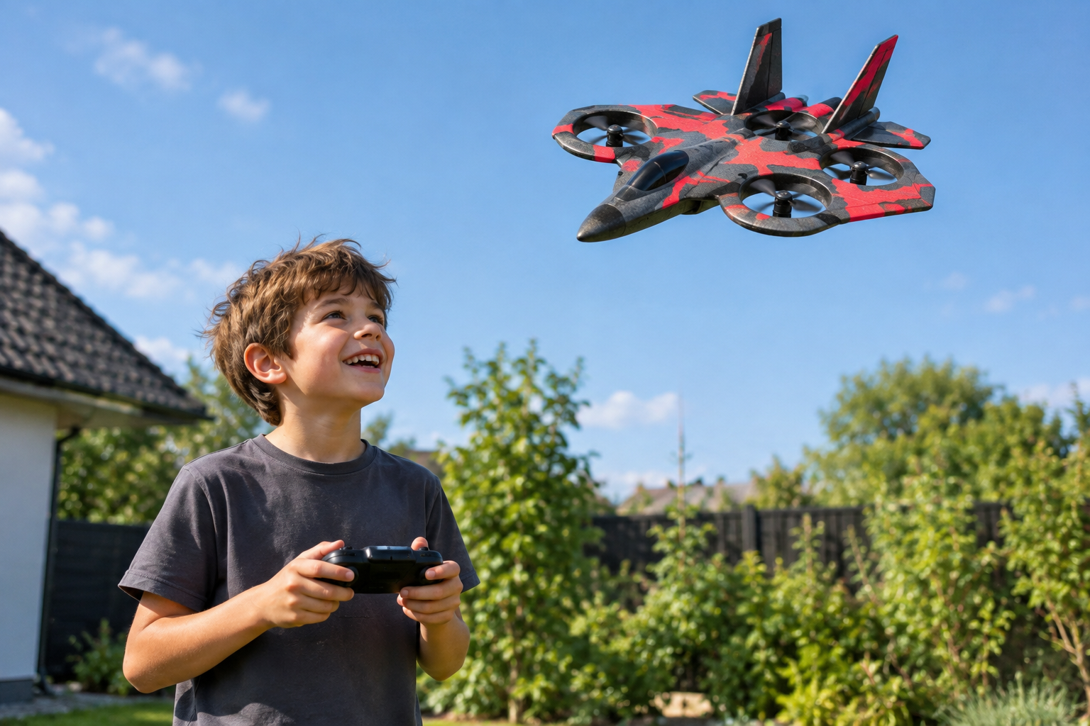 Chłopiec steruje Flip Dronem w ogrodzie